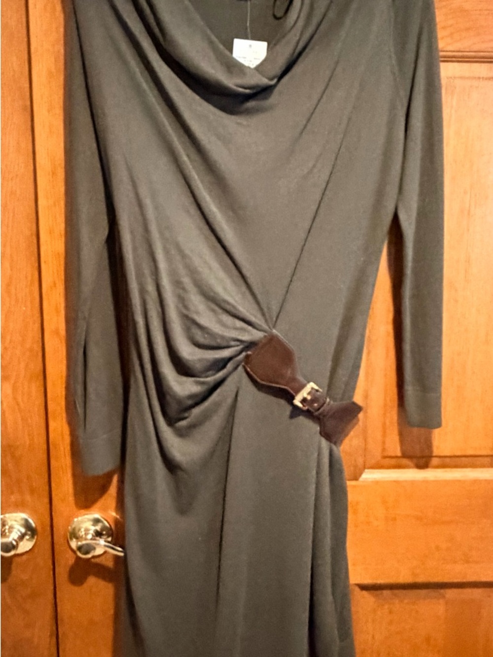 Michael Kors Olive Long Sleeve Cowl Neck Dress with Buckle Accent